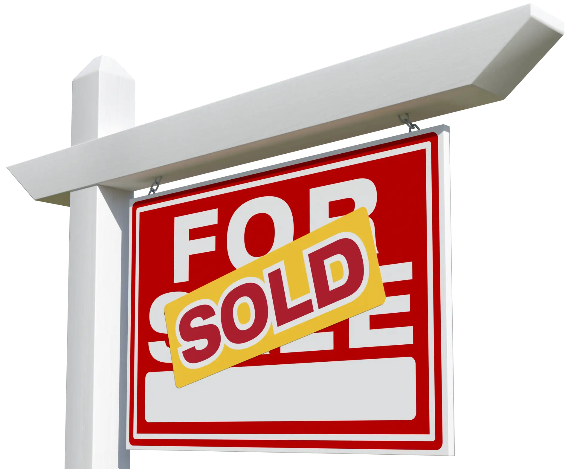 Red “For Sale” sign with a yellow “Sold” banner across it, hanging from a white post.